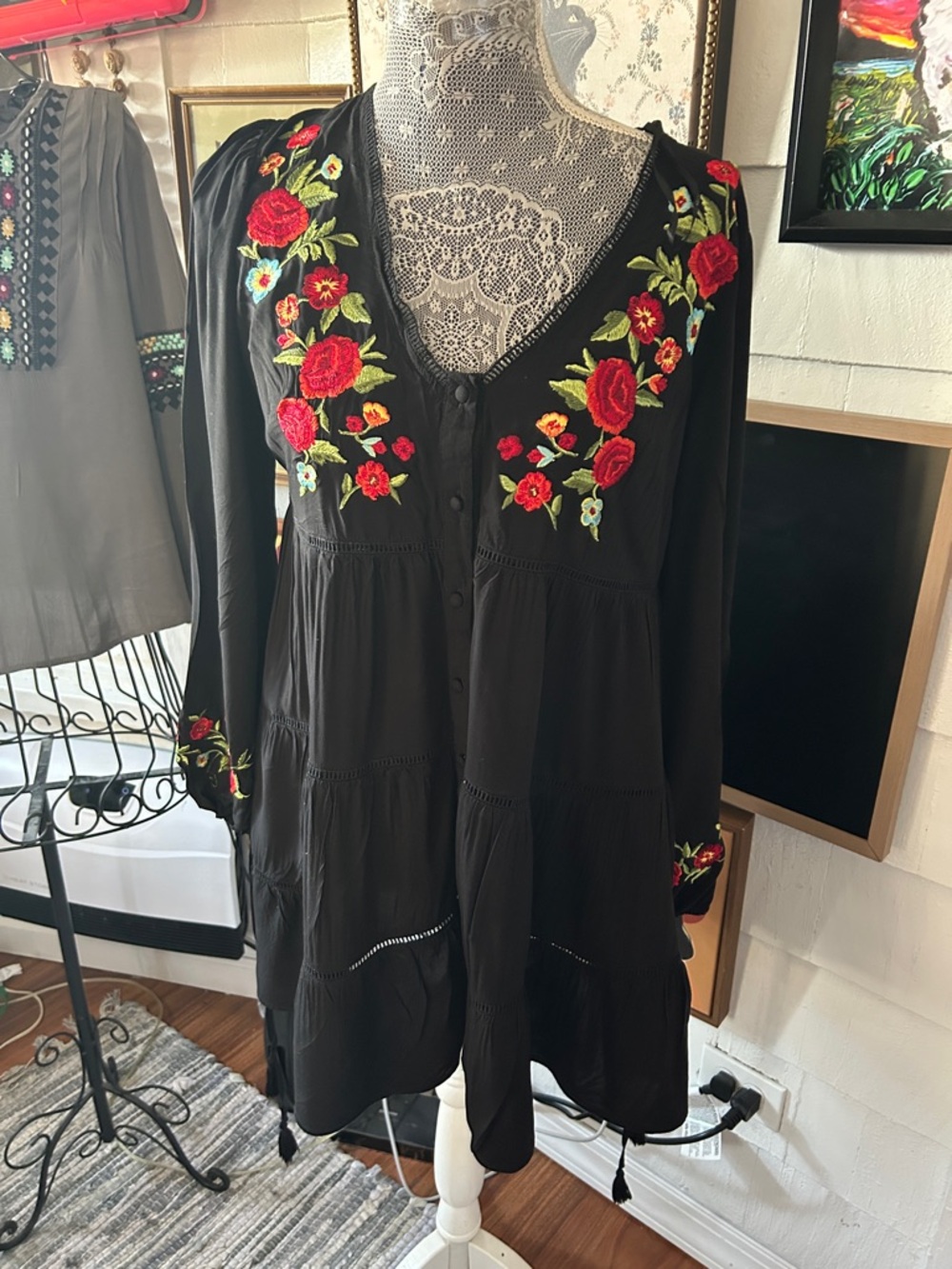 Forever 21 Black Maxi Dress with Red & Green Floral Embroidery
